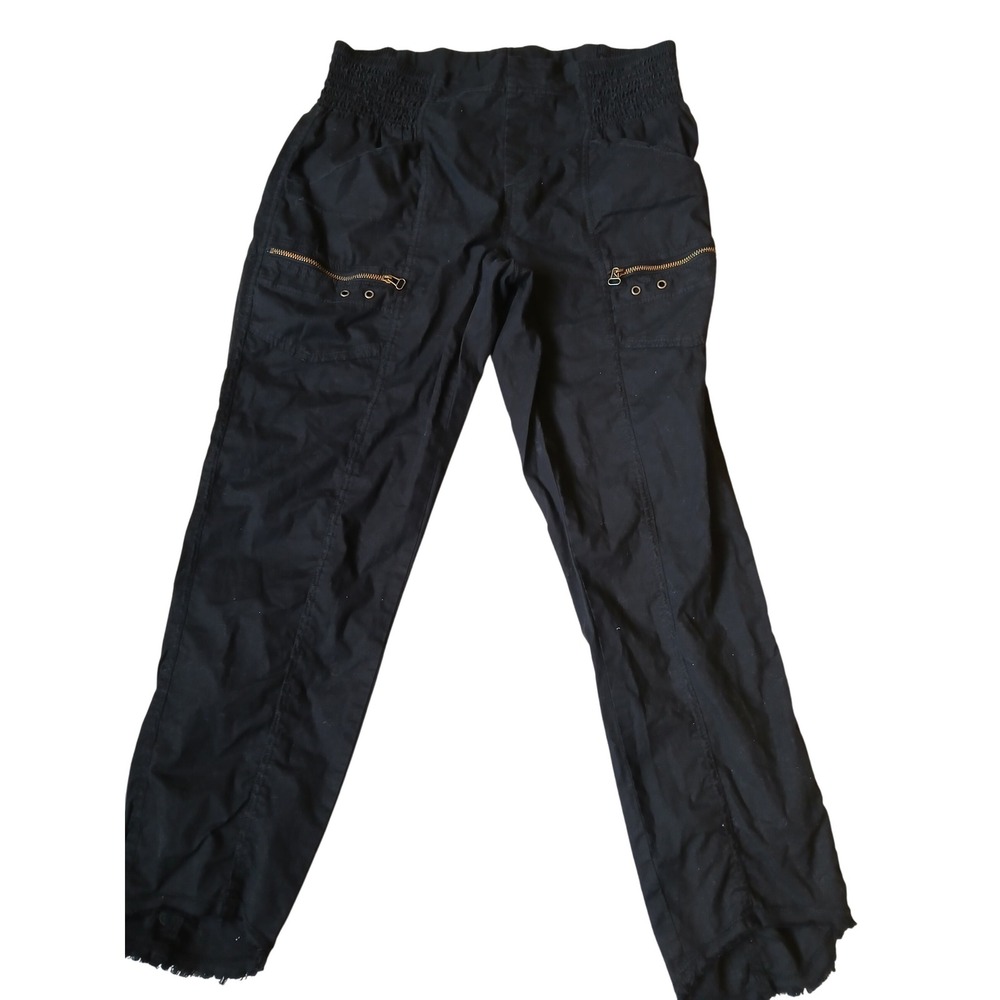 Wearables Black Cargo Pants Women's M Smocked Waist Zip‎ Pockets Distressed Hem